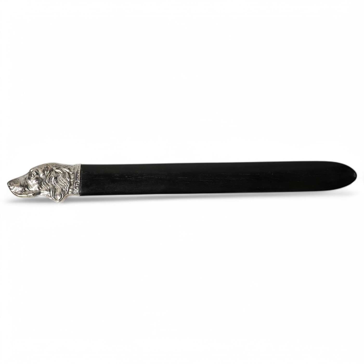 A modern silver mounted wooden paper knife with dog's head finial, London, 2004, 25.6cm. Condition - good